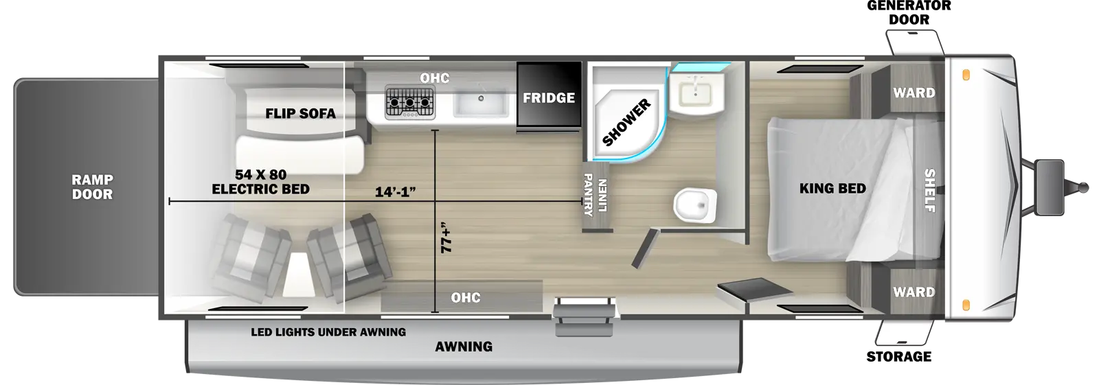 The 2530RLE travel trailer has no slide outs, 1 entry door and 1 rear ramp door. Exterior features include an awning with LED lights, front door side storage and front off-door side generator door. Interior layout from front to back includes: front bedroom with foot-facing King bed, shelf over the bed, and front corner wardrobes; off-door side bathroom with shower, linen storage, toilet and single sink vanity; off-door side kitchen with stovetop, overhead cabinet, sink and refrigerator; door side overhead cabinet; 54 x 80 electric bed sits over 2 recliners with end table and off-door side flip sofa. Cargo length from rear of unit to kitchen wall is 14 ft. 1 in. Cargo width from kitchen countertop to door side wall is 77 inches.